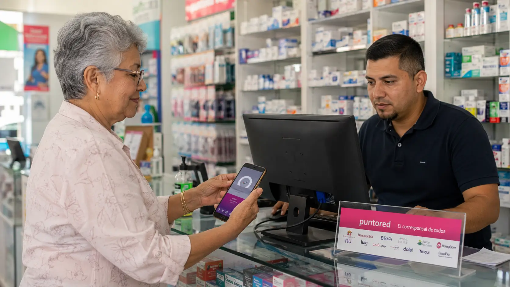 Clienta utilizando una billetera digital en un punto de servicios Puntored dentro de una droguería colombiana