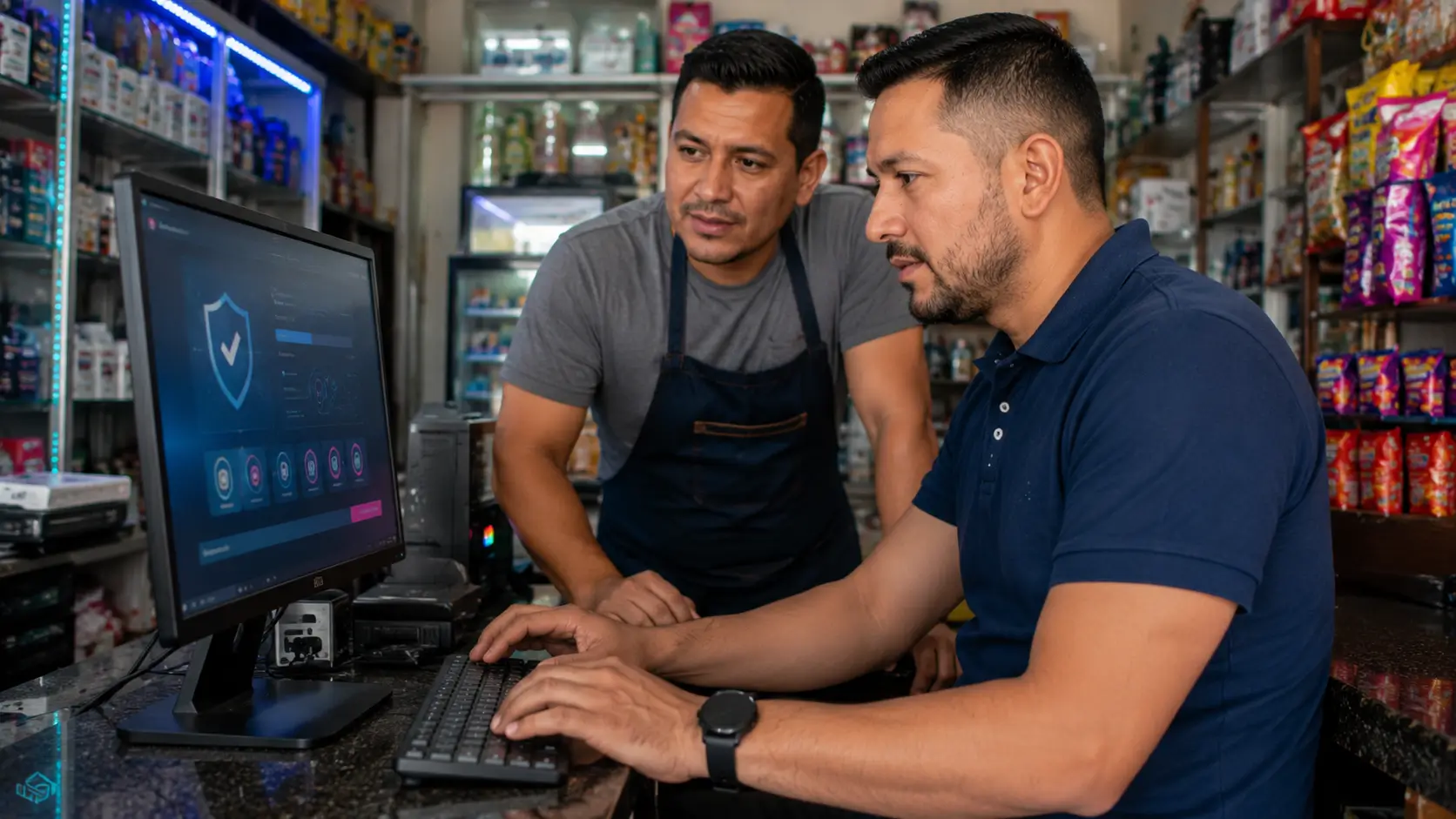 Técnico revisando la seguridad informática de un computador utilizado en un comercio